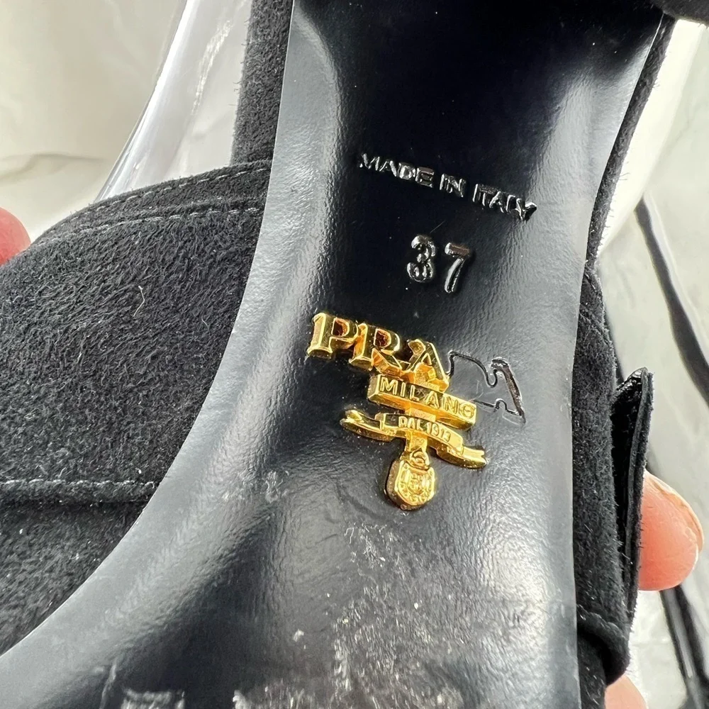 PRADA MILANO BLACK SUEDE CHUNKY HEEL SANDAL BLACK SIZE 37 EUR SIZE 6.5 US - Picture 6 of 16